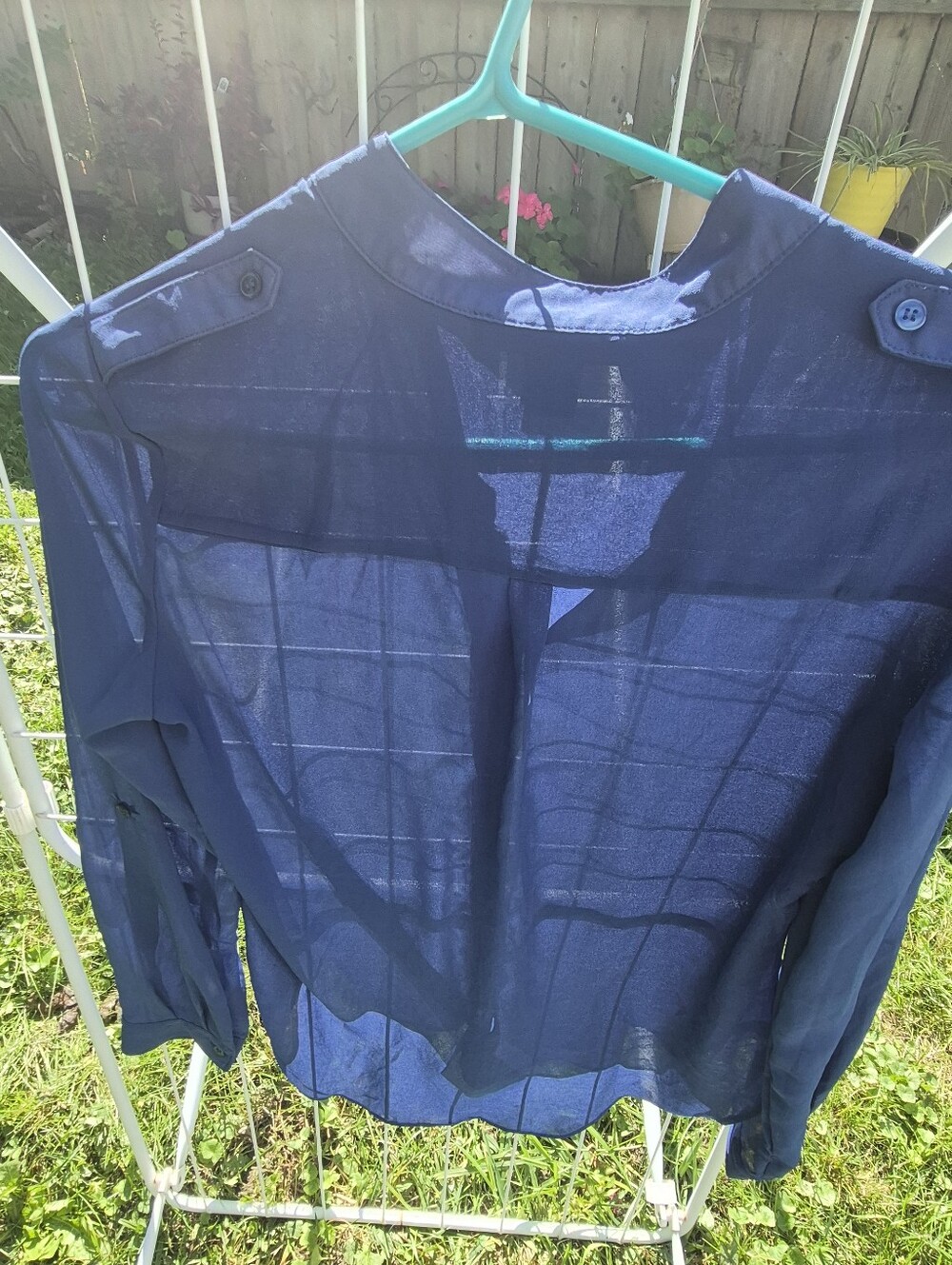 Lime Blue Semi-Sheer Navy Button-Detail Blouse